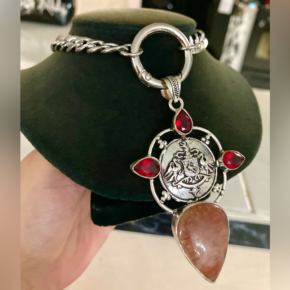 925 Sterling silver overlay orange brown agate & red garnet stones boho necklace - Picture 13 of 15